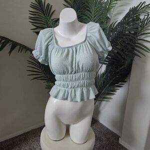 Smocked Light Blue Peplum Crop Top - Size XS - Cottagecore